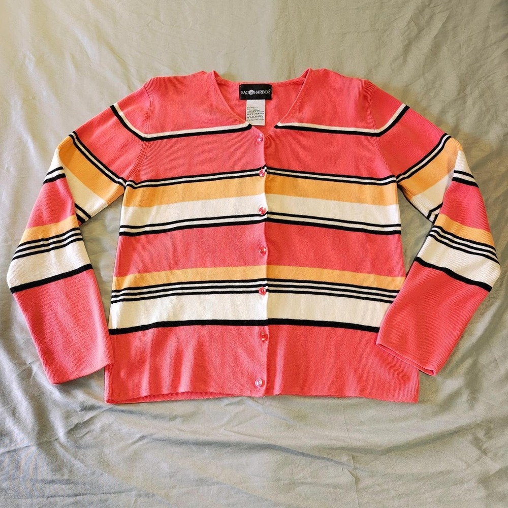 Vintage Sag Harbor Striped Cotton Knit Cardigan Sweater Coral Yellow Y2K Medium